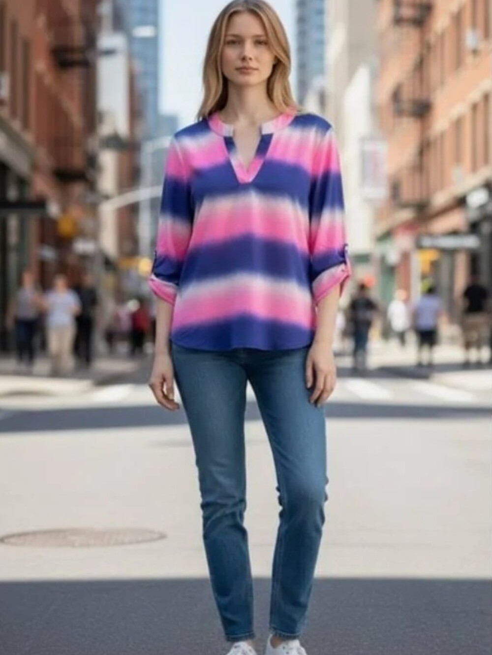 Dear Scarlett Pink, Navy & White Ombre Striped Tunic